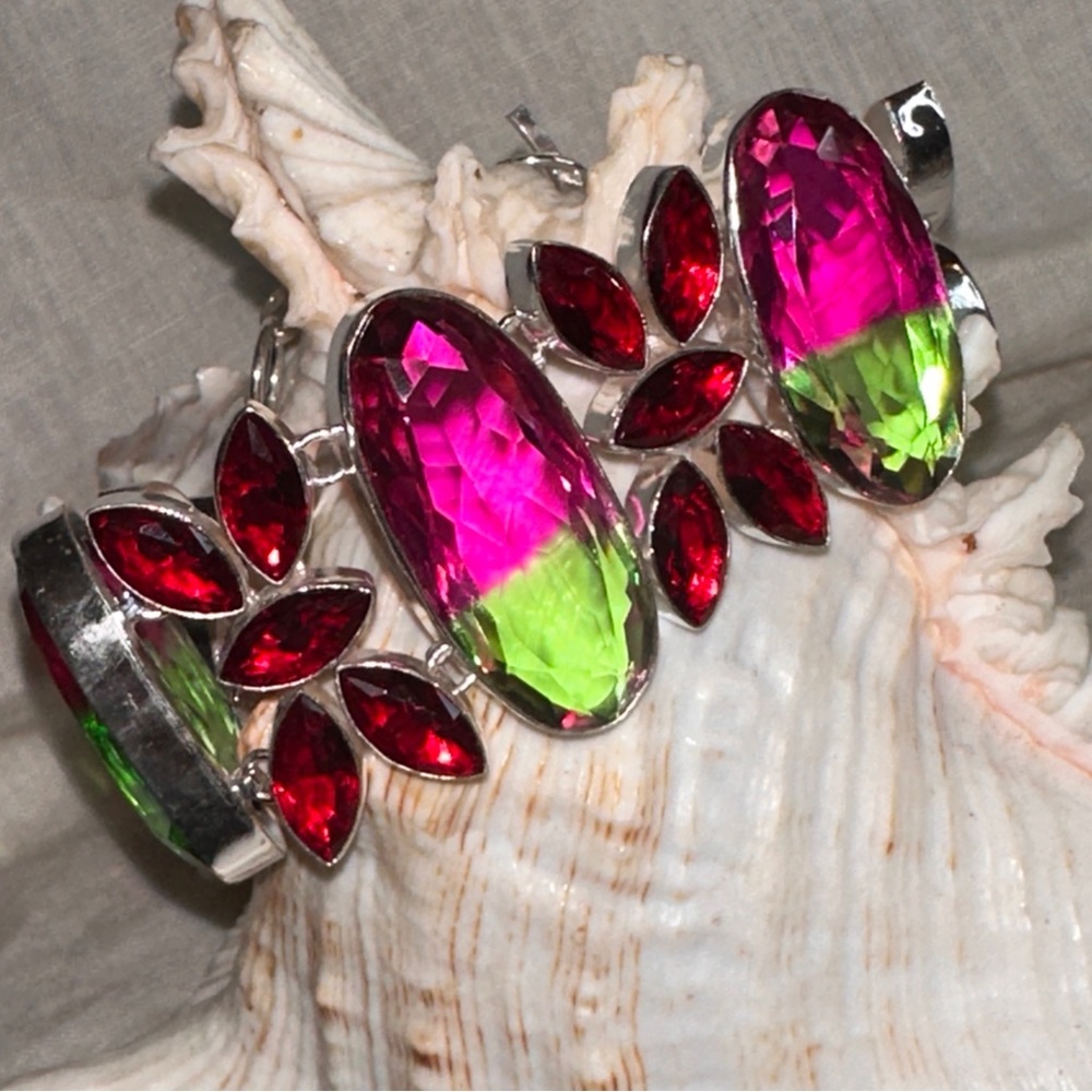 Gorgeous Watermelon Tourmaline bi-color + Garnet gem cluster statement bracelet